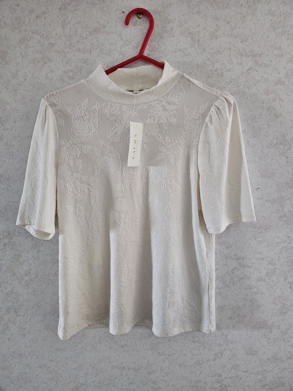 Laura Cream Floral Jacquard Mock Neck Short Sleeve Top